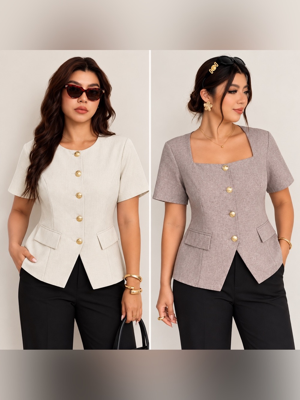 SHEIN Women’s Short Sleeve Blazer Tops Gold Buttons Set of 2 size 1XL ( 14 US )